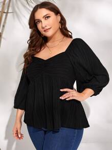 SHEIN VCAY Plus Sweetheart Neck Ruched Front Lantern Sleeve Peplum Top - Black - View 6