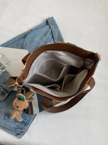 1pc Striped & Colorblock Fashionable Canvas Tote Bag With Large Capacity, With Pendant, Suitable For School & Daily Use Shoulder Bag Vintage,Casual Color Contrast For Woman,For Girl Gift Bag,Outdoors, Travel, Outings,Back To School,Shopping,Holiday,Beach, Street & Japanese Style Women Bag - Multicolor - View 4