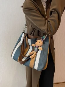 1pc Striped & Colorblock Fashionable Canvas Tote Bag With Large Capacity, With Pendant, Suitable For School & Daily Use Shoulder Bag Vintage,Casual Color Contrast For Woman,For Girl Gift Bag,Outdoors, Travel, Outings,Back To School,Shopping,Holiday,Beach, Street & Japanese Style Women Bag - Multicolor - View 5