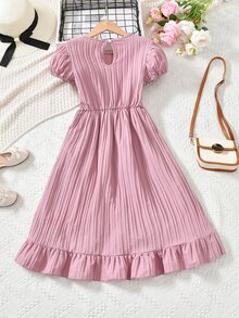 Chicas Vestido bajo cruzado de manga farol ribete con fruncido - Rosa - Ver 2