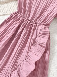 Chicas Vestido bajo cruzado de manga farol ribete con fruncido - Rosa - Ver 3