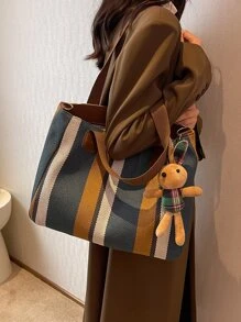 1pc Striped & Colorblock Fashionable Canvas Tote Bag With Large Capacity, With Pendant, Suitable For School & Daily Use Shoulder Bag Vintage,Casual Color Contrast For Woman,For Girl Gift Bag,Outdoors, Travel, Outings,Back To School,Shopping,Holiday,Beach, Street & Japanese Style Women Bag - Multicolor - View 6