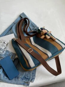 1pc Striped & Colorblock Fashionable Canvas Tote Bag With Large Capacity, With Pendant, Suitable For School & Daily Use Shoulder Bag Vintage,Casual Color Contrast For Woman,For Girl Gift Bag,Outdoors, Travel, Outings,Back To School,Shopping,Holiday,Beach, Street & Japanese Style Women Bag - Multicolor - View 8