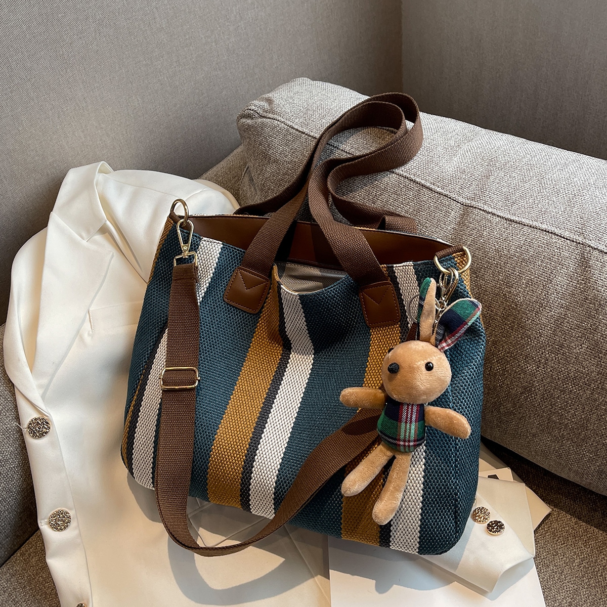 Colourblock Striped Pattern Shoulder Tote Bag With Cartoon Bag Charm