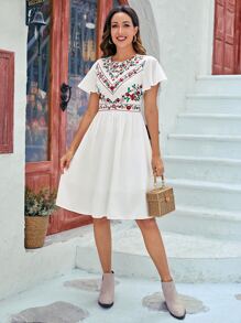 SHEIN VCAY 1pc Floral Embroidery Butterfly Sleeve A-Line Dress - White - View 3