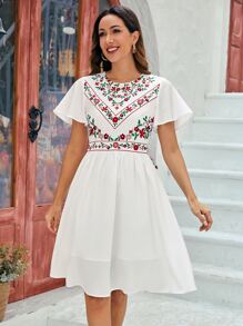 SHEIN VCAY 1pc Floral Embroidery Butterfly Sleeve A-Line Dress - White - View 5