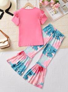 Girls Slogan Graphic Ruffle Trim Tee & Tie Dye Flare Leg Trousers - Multicolor - View 2