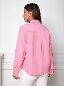 Flap Pocket Drop Shoulder Denim Shirt - Pink - View 3
