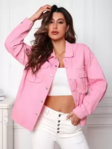 Flap Pocket Drop Shoulder Denim Shirt - Pink - View 1