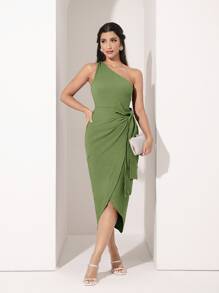 Modelyn One Shoulder Wrap Knot Side Dress - Green - View 3