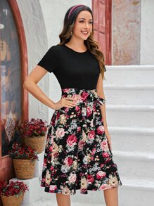 SHEIN LUNE 1 Pack Floral Print Bouquet Dress Flower Dress With Sleeves Dress Women Summer Elegant - Black - View 6