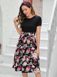 SHEIN LUNE 1 Pack Floral Print Bouquet Dress Flower Dress With Sleeves Dress Women Summer Elegant - Black - View 7