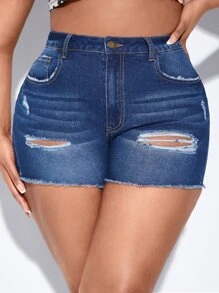 SHEIN SXY Plus Ripped Raw Cut Denim Shorts - Dark Wash - View 1