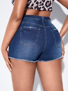 SHEIN SXY Plus Ripped Raw Cut Denim Shorts - Dark Wash - View 2