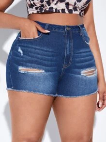 SHEIN SXY Plus Ripped Raw Cut Denim Shorts - Dark Wash - View 3