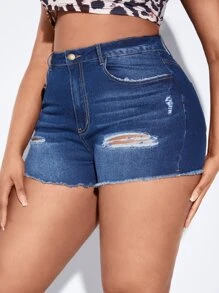 SHEIN SXY Plus Ripped Raw Cut Denim Shorts - Dark Wash - View 4