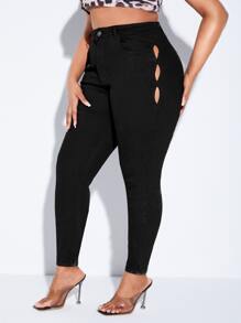 SHEIN Plus Cut Out Skinny Jeans - Black - View 4