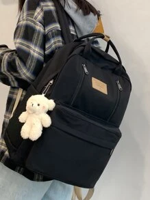 便携式字母贴片功能性背包，带卡通包魅力书包，适合毕业生、少女、大一、大二、大三和大四学生，大学和高中，非常适合户外、旅行和返校学校背包，学校用品，容量大，重量轻，经典休闲，适合少女、女大学生、新秀和白领工作者，白领工作者，非常适合返校、大学、办公室、度假、海滩、街头和日式风格女包 - 黑色 - 查看 2