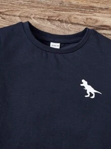 SHEIN Toddler Boys Dinosaur Print Colourblock Tee - Navy Blue - View 3