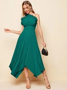 SHEIN Belle Một bờ vai Chi tiết Ruffle Xếp li Viền khăn tay Váy phù dâu - Màu xanh lá cây đậm - Xem 1