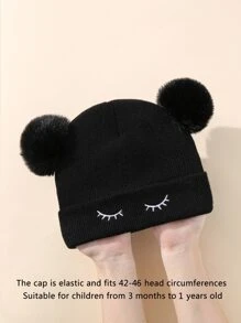 Baby Eyelash Embroidered Pom Pom Decor Beanie - Black - View 4
