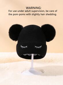 Baby Eyelash Embroidered Pom Pom Decor Beanie - Black - View 5