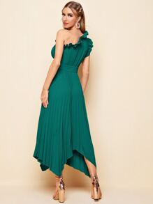 SHEIN Belle Một bờ vai Chi tiết Ruffle Xếp li Viền khăn tay Váy phù dâu - Màu xanh lá cây đậm - Xem 2