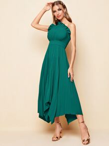 SHEIN Belle Một bờ vai Chi tiết Ruffle Xếp li Viền khăn tay Váy phù dâu - Màu xanh lá cây đậm - Xem 3
