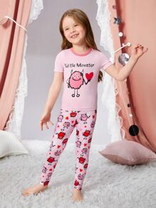 Toddler Girls Letter & Cartoon Graphic Contrast Binding Snug Fit PJ Set - Pink - View 3