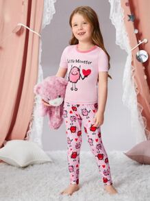Toddler Girls Letter & Cartoon Graphic Contrast Binding Snug Fit PJ Set - Pink - View 1