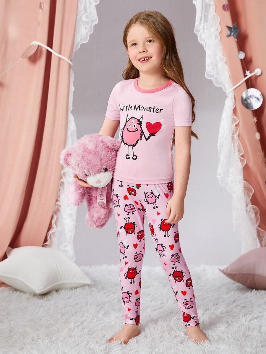 Toddler Girls Letter & Cartoon Graphic Contrast Binding Snug Fit PJ Set - Pink - View 1