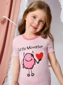 Toddler Girls Letter & Cartoon Graphic Contrast Binding Snug Fit PJ Set - Pink - View 4