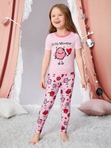 Toddler Girls Letter & Cartoon Graphic Contrast Binding Snug Fit PJ Set - Pink - View 5