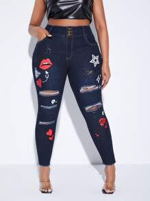 SHEIN SXY 大碼高腰心和嘴唇印花破洞抽鬚毛邊緊身牛仔褲 - 深色水洗藍 - 查看 1