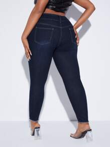 SHEIN SXY 大碼高腰心和嘴唇印花破洞抽鬚毛邊緊身牛仔褲 - 深色水洗藍 - 查看 2