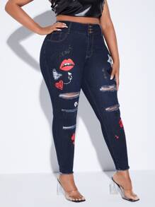 SHEIN SXY 大碼高腰心和嘴唇印花破洞抽鬚毛邊緊身牛仔褲 - 深色水洗藍 - 查看 3