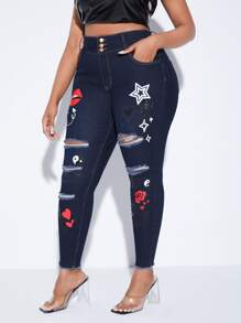 SHEIN SXY 大碼高腰心和嘴唇印花破洞抽鬚毛邊緊身牛仔褲 - 深色水洗藍 - 查看 5