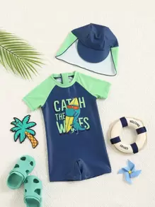 Baby Boy Cartoon Graphic One Piece Swimsuit With Swim Cap - Multicolor - View 1