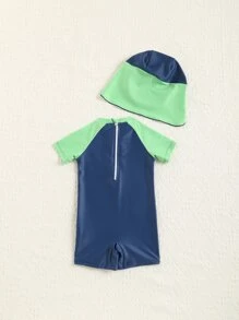 Baby Boy Cartoon Graphic One Piece Swimsuit With Swim Cap - Multicolor - View 2