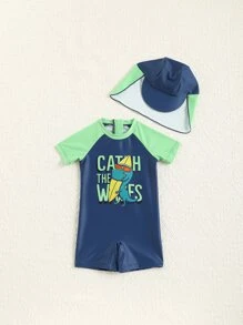 Baby Boy Cartoon Graphic One Piece Swimsuit With Swim Cap - Multicolor - View 5