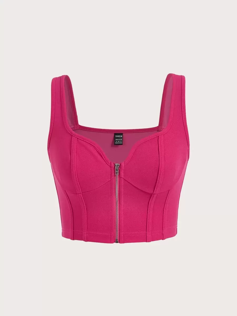 SHEIN ICON 素色拉鏈開襟短款寬背帶上衣 - 玫紅色 - 查看 1