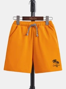 SHEIN Toddler Boys Coconut Tree Print Drawstring Waist Shorts - Orange - View 1