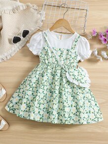 小女童碎花泡泡袖假兩件洋裝和包