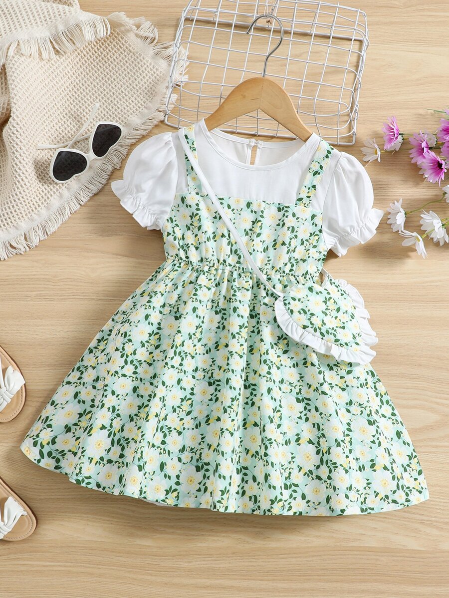 小女童碎花泡泡袖假兩件洋裝和包