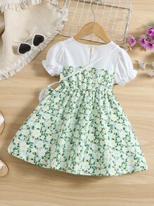 小女童碎花泡泡袖假兩件洋裝和包