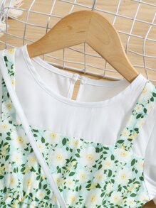 小女童碎花泡泡袖假兩件洋裝和包