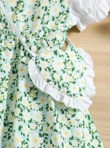 小女童碎花泡泡袖假兩件洋裝和包