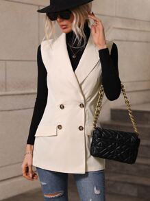 SHEIN Privé 1pc Double Breasted Vest Blazer - Beige - View 5