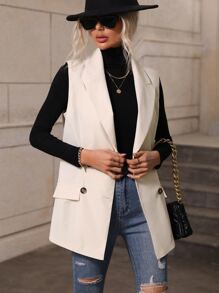 SHEIN Privé 1pc Double Breasted Vest Blazer - Beige - View 6