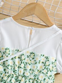 小女童碎花泡泡袖假兩件洋裝和包